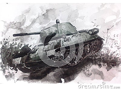 Watercolor tank. T-34 Stock Photo