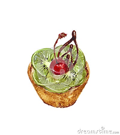 Watercolor tart with cherry and kiwi on white background. Cartoon Illustration