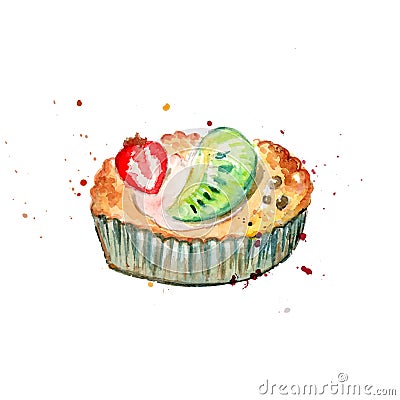 Watercolor tartlet with fresh qiwi and strawberry. Vector Illustration