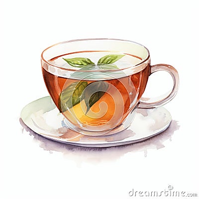 Watercolor Tea Cup With Mint Leaves Illustration Cartoon Illustration