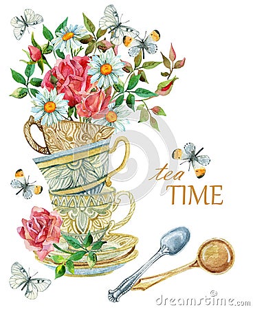 Watercolor tea cups background with spoon, flowers and butterfly. Cartoon Illustration