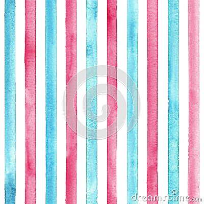 Watercolor teal blue pink stripes on white background. Colorful striped seamless pattern Stock Photo
