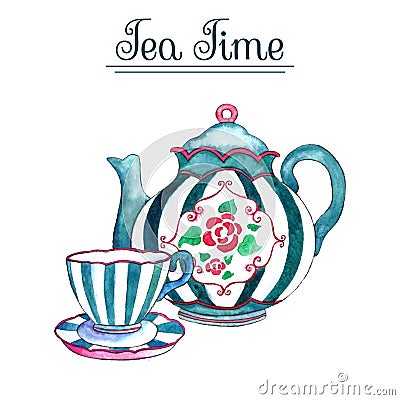 Watercolor teapot and cup. Vector Illustration