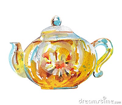 Watercolor teapot. Yellow kettle for tea or coffee. Old kitchen utensils Stock Photo