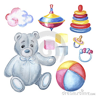 Watercolor teddy bear with baby toys colorful pyramid and spinning top, pink cloud Set of hand painted illustrations Cartoon Illustration