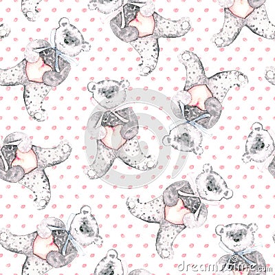 Watercolor teddy bears on a dotted pink background. Hand-painted seamless pattern for baby fabric Stock Photo