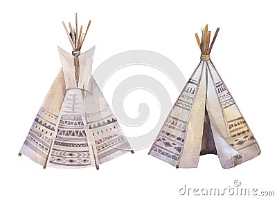 Watercolor teepee, arrows, fearhers and tomahawk. Boho america Cartoon Illustration