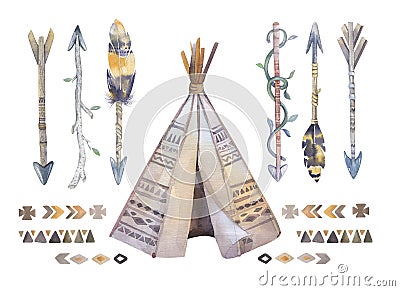 Watercolor teepee, arrows, fearhers and tomahawk. Boho america Cartoon Illustration