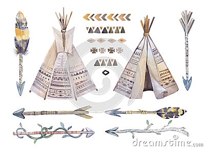 Watercolor teepee, arrows, fearhers and tomahawk. Boho america Cartoon Illustration