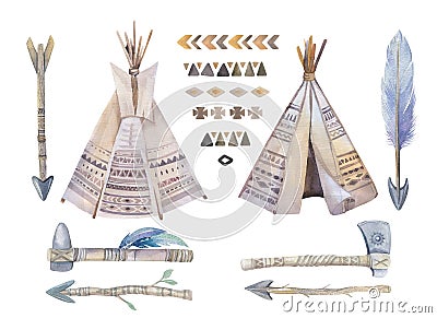 Watercolor teepee, arrows, fearhers and tomahawk. Boho america Cartoon Illustration