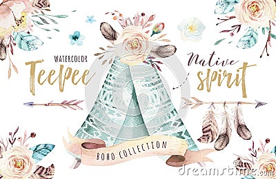 Watercolor teepee illustration. Watercolour bohemian organic design tee pee print. colour boho native art with hand Cartoon Illustration