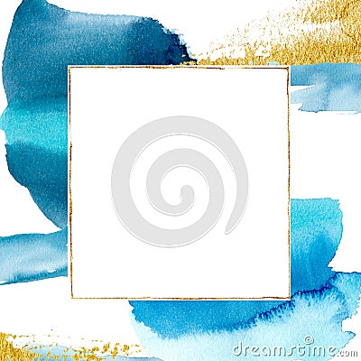 Watercolor template card with blue and gold points. Hand painted beautiful golden border. Abstract illustration for Cartoon Illustration