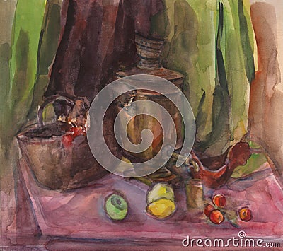 Watercolor texture painting, still life painting large Russian teapot and cup of tea. Cartoon Illustration