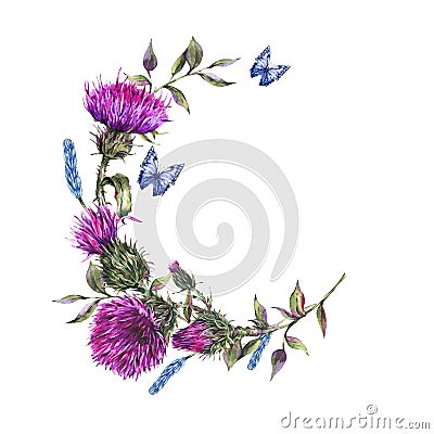 Watercolor thistle round frame, blue butterflies, wild flowers illustration Cartoon Illustration