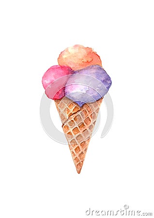 Watercolor three balls pink, purple, orange ice cream in waffle cone isolated on white background Cartoon Illustration