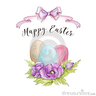 Watercolor easter eggs with ribbons Stock Photo