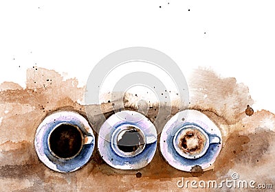 Watercolor three espresso coffee cups full , half full , empty Stock Photo