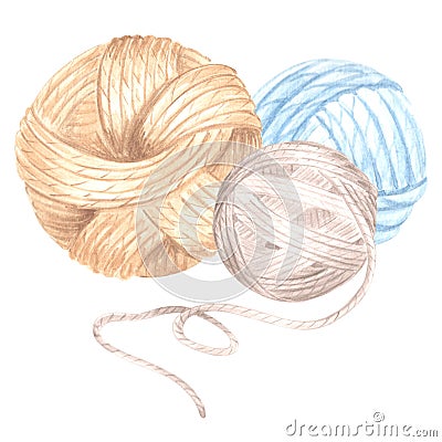 Watercolor three tangles of threads, wool knitting yarn. Template illustration knitting crochet hook and needles Cartoon Illustration