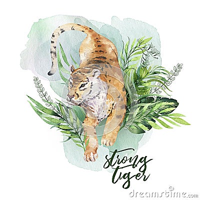 Watercolor tiger illustration and summer paradise tropical leaves jungle print. Palm plant and flower isolated o white. Cartoon Illustration