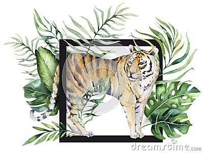 Watercolor tiger illustration and summer paradise tropical leaves jungle print with frame. Palm plant and flower Cartoon Illustration