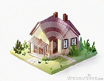 Watercolor of Tiny cute isometric traditional house soft smooth lighting soft color Stock Photo