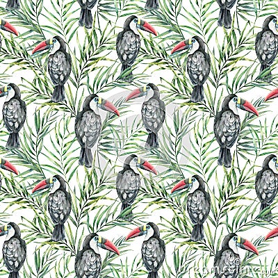 Watercolor toucan seamless pattern. Hand painted illustration with tropical bird and palm leaves isolated on white Cartoon Illustration