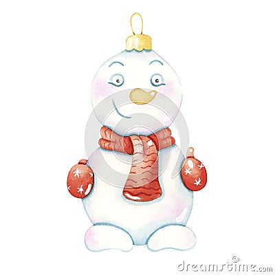 Watercolor toy character. Christmas toy. Snowman, scarf. Stock Photo