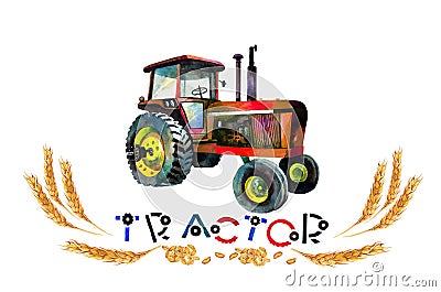 Red tractor and letter. Watercolor illustration. Stock Photo