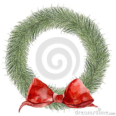 Watercolor traditional Christmas wreath. Hand painted border with fir branches and red bow isolated on white background Stock Photo