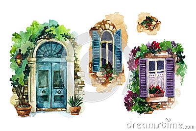 Watercolor traditional old-fashioned door and windows with potted flowers, brick stones, lantern Cartoon Illustration