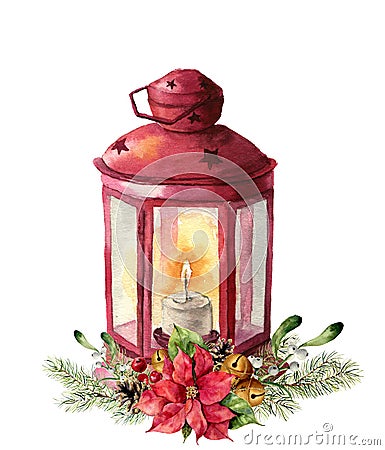 Watercolor traditional red lantern with candle and floral decor. Hand painted Christmas lantern with fir branch Stock Photo