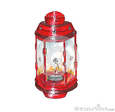 Watercolor traditional red lantern with candle. Hand painted Christmas lamp on white background for design, print. Party Stock Photo