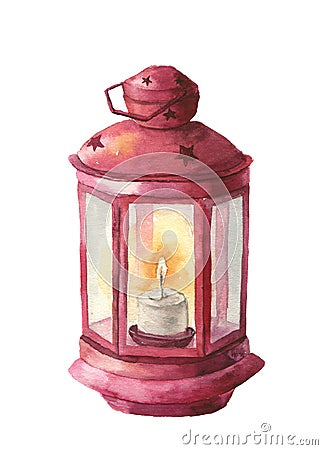 Watercolor traditional red lantern with candle. Hand painted Christmas lantern on white background for design, print Stock Photo