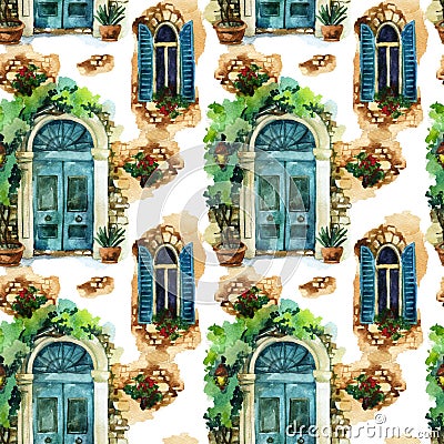 Watercolor traditional vintage windows and door seamless pattern Cartoon Illustration