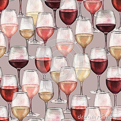 Watercolor pattern of red, rose and white wine glasses Stock Photo