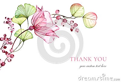 Watercolor Transparent Rose card template. Thank you text. Eucalyptus branch, flowers and berries isolated on white Cartoon Illustration