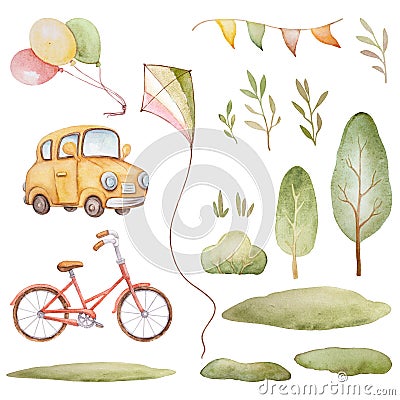 Watercolor Transport Cartoon, Summer Watercolor Clip Art Stock Photo