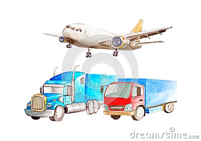 Watercolor transport concept of freight transport. Airplane and two trucks of low tonnage and multi-tonnage. On white background Stock Photo