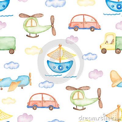 Watercolor transport seamless pattern, Hellicopter print, cute boat paper, airplane and car, hand drawn kids party pattern. Stock Photo