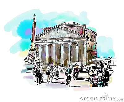 watercolor travel card from Rome Italy, old italian imperial building Pantheon Vector Illustration