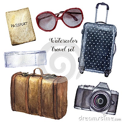 Watercolor travel set. Hand painted tourist objects set including passport, ticket, leather vintage suitcase, polka dot Stock Photo