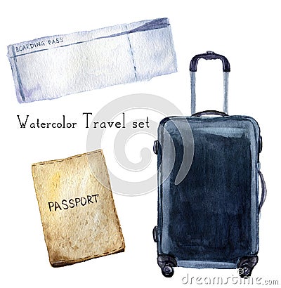 Watercolor travel set including passport, boarding pass, navi suitcase. Hand painted illustration isolated on white Cartoon Illustration