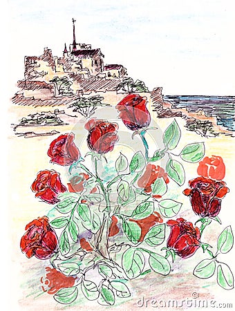 Watercolor travel sketch red roses by the sea on the background of the medieval city in France Cartoon Illustration