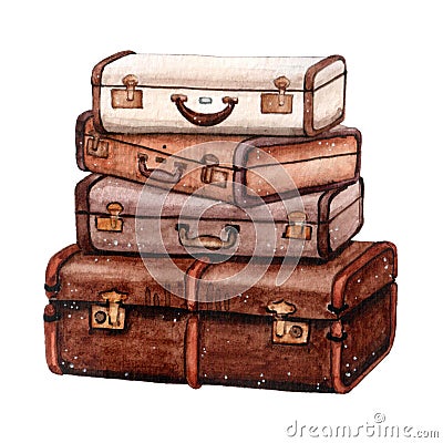 Watercolor travel suitcases in brown colors for adventures Cartoon Illustration