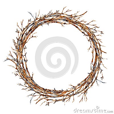 Watercolor tree branches wreath, vintajge botanical round frame for greeting card isolated on white background Stock Photo