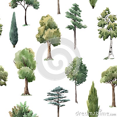 Watercolor tree seamless pattern forest oak fir birch, thuja linden baobab pine Stock Photo