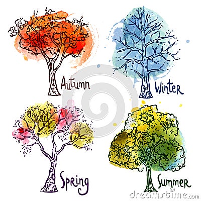 Watercolor Tree Set Vector Illustration