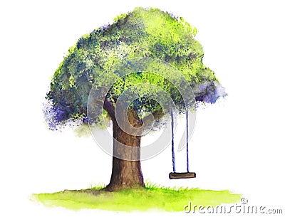 Watercolor tree swing on white background Stock Photo