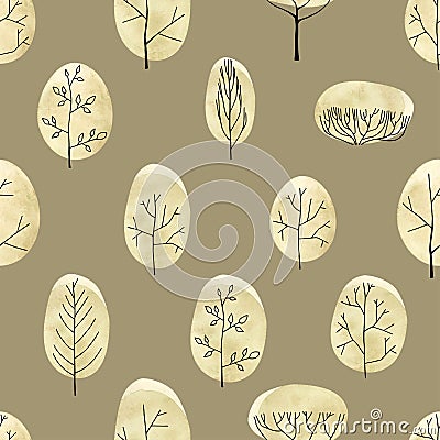 Watercolor trees seamless pattern on begie background Vector Illustration