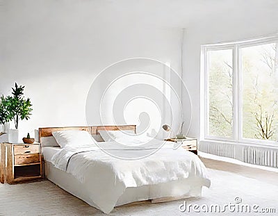 Watercolor of Trendy white bedroom with Scandinavian Stock Photo